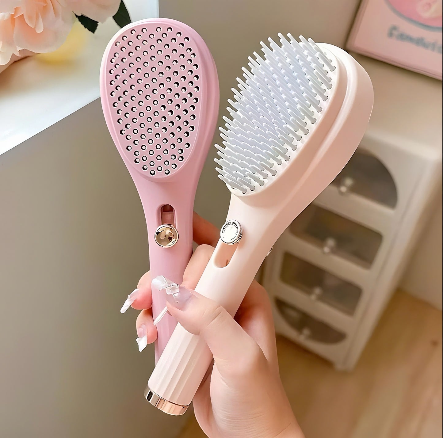 Scalp Massage Comb with One-Click Retractable Handle - Anti-Static, Self-Cleaning, Easy Detangling for All Hair Types, Ideal for Scalp Massage and Hair Care, Hair Care Essentials
